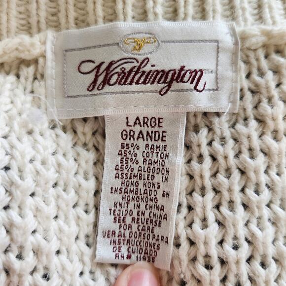 Vintage Worthington Chunky Pom Pom Granny Cottage Sweater Ivory Sz Large - Picture 5 of 6